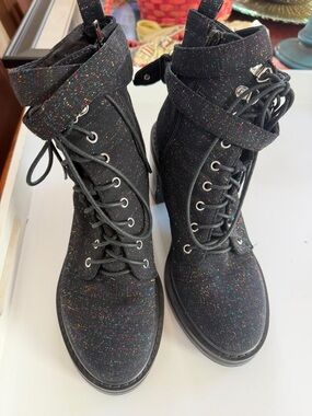 Shellys London Black Glitter Lace-Up Ankle Boots